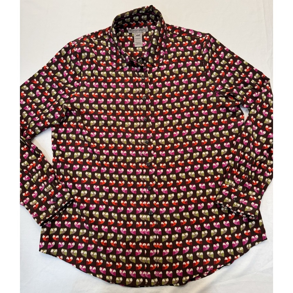 Sharon Young Women's Sz L Geometric Owl Print Button Up Blouse Fall Colors